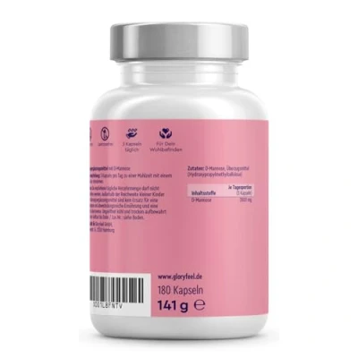 Obrázek gloryfeel Vysoká dávka D manózy 2000 mg čisté v denní porci 180 kapslí rostlinného původu 100% veganské, laboratorně testováno a vyrobeno Německu bez přísad