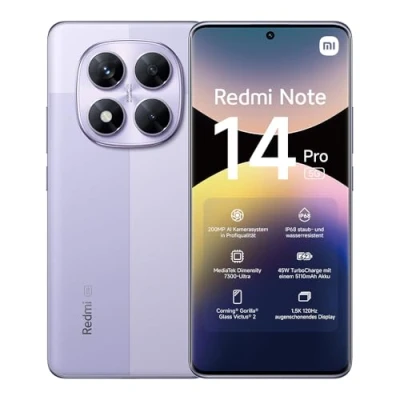 Obrázek Xiaomi Smartphone Redmi Note 14 Pro 5G, 12 + 512GB, purple, 200MP profesionální AIkamera, IP68, 45W TurboCharge s baterií 5110 mAh, funkce AI (bez nabíječky)