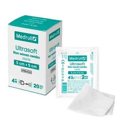 Obrázek Medrull Komprese netkané STERIL ULTRASOFT 4vrstvé 5 cm x Balené 2 kusy 20 papírových sáčků (40 kusů)