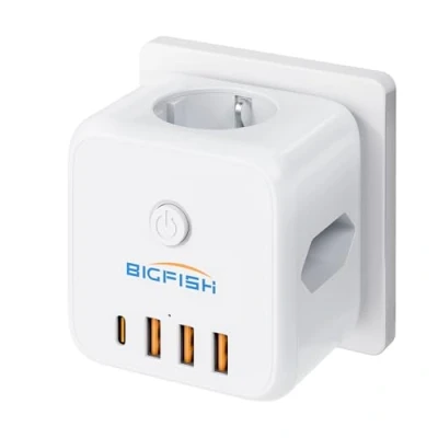 Obrázek Bigfish zásuvková lišta s USB C, vícenásobná zásuvka se 4 USB, kostka bez kabelu, zástrčka pro zásuvku vypínačem, 3 zásuvky adaptér kancelář, domácnost
