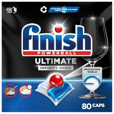 Obrázek Finish tablety do myčky nádobí Ultimate Infinity Shine pro hloubkové čištění, sílu rozpouštět tuky a lesk s ochranným štítkem 80 kapslí