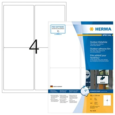 Obrázek HERMA 9539 Fóliové etikety odolné proti povětrnostním vlivům, 40 listů, 99,1 x 139 mm, 4 archy A4, 160 kusů, samolepicí, s možností potisku, matné, prázdné venkovní lepicí nálepky z