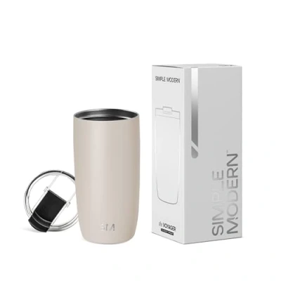 Obrázek Simple Modern Cestovní hrnek na kávu pohárek pití se sklápěcím víčkem Izolovaný led z ušlechtilé oceli Dárky pro ženy a muže Kolekce Voyager 470 ml Almond Birch