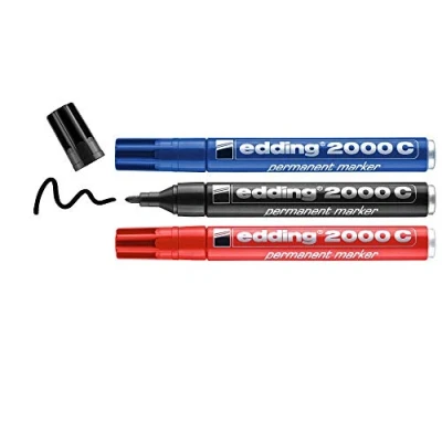 Obrázek edding 2000 C permanentní popisovač černý červeno modrý 3 tužky kulatý hrot 1,53 mm rychleschnoucí zvýrazňovač odolný proti rozmazání na karton, plast, dřevo, kov