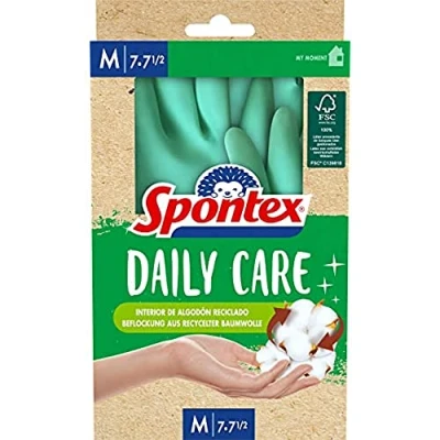 Obrázek Spontex Daily Care rukavice pro domácnost ze 100% latexu certifikovaného FSC, s podšívkou z recyklované bavlny, všechny čisticí a ošetřovací práce, 1 pár, velikost M (7 7,5)
