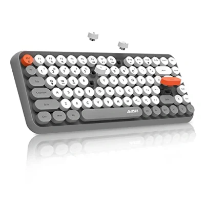 Obrázek FELiCON 308i Kabellose Retro Tastatur, Bluetooth Silent Cute Computer Tastatur mit Runder Punk Tastenkappe, Matte Textur Kompakte 84 Keys, QWERTY, Typewriter Design für PC, Laptop, Mac Grau