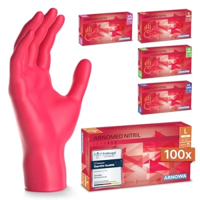 Obrázek ARNOMED rukavice na jedno použití červené 100 kusů/krabice, nitrilové L, jednorázové rukavice, bez pudru, gumové latexu, ve XS, S, M, L &amp; XL