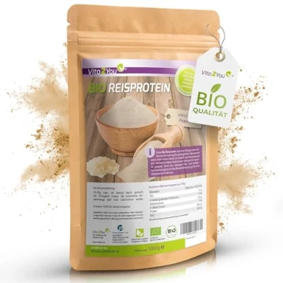 Obrázek Vita2You Bio rýžový protein 1 kg ekologické pěstování 85 % proteinů veganské bílkoviny bez lepku izolát z rýžového proteinu 1000 g prémiová kvalita