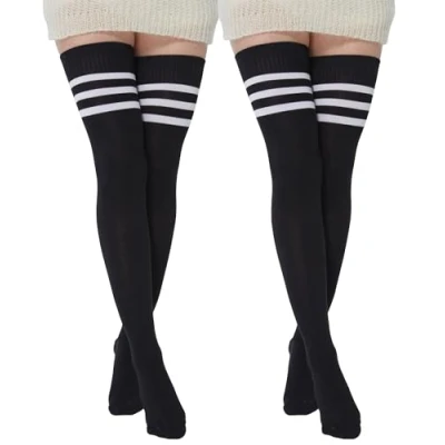 Obrázek BABAHU Extra lange Overknee Socken für Damen, Baumwolle, gestreift, A Z, Schwarz, 2 Stück, Einheitsgröße