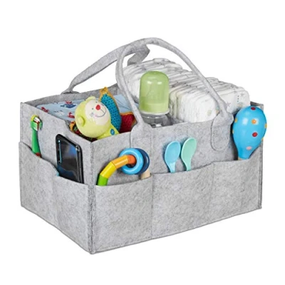 Obrázek Relaxdays Kojenecká plenka Caddy, 11 přihrádek, vyjímatelné oddělovače, přenosná plstěná taška, organizér na auto a přebalovací stůl, světle šedá, šedá