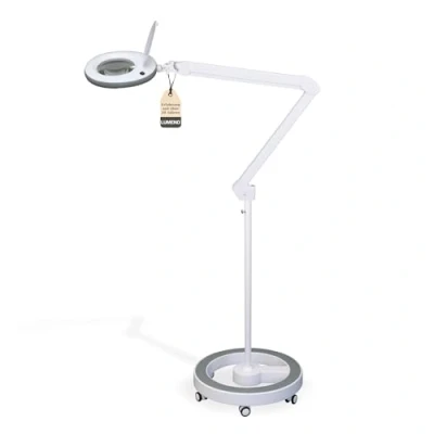 Obrázek Lumeno LED lampa s lupou 7215GR čočkou z pravého skla 127 mm, na pracoviště, kosmetiku, kutily, pomůcka čtení, pro zvětšení, 5 dioptrií, šedá rolovacím stativem