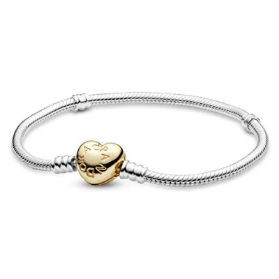 Obrázek PANDORA Náramek s hadím článkem se srdcem uzávěrem ze sterlingového stříbra a 18karátovým pozlacenou kovovou slitinou Moments Collection, 21 cm, Mincovní stříbro, Bez Gemstone