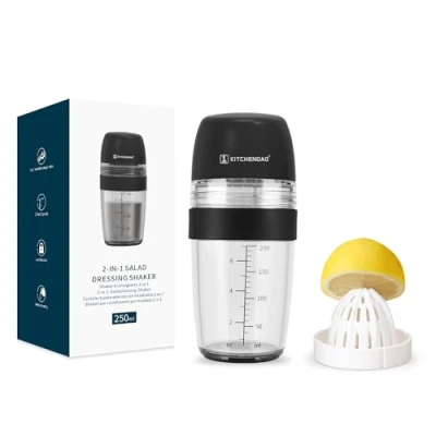 Obrázek KITCHENDAO 2 in 1 Salatdressing Shaker mit Saftpresse, Ausgießer, Auslaufsicher, weicher Griff,Spülmaschinenfest, BPA frei, Dressingbehälter 250ml Schwarz
