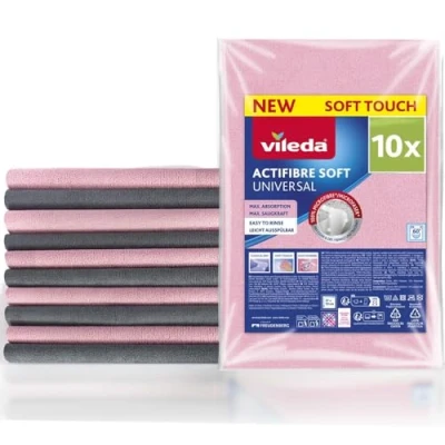 Obrázek Vileda Actifibre Soft Universal Mikrofasertuch, Reinigungstuch aus 100 Prozent Mikrofaser für streifenfreie Ergebnisse, hohe Saugkraft, ideal alle glatten Oberflächen, rosa und grau, 10 Stück