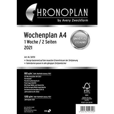 Obrázek Chronoplan 50701 kalendářová vložka 2021, týdenní plán A4 ve sloupcích (210 x 297 mm), náhradní kalendář, ideální pro podrobné plánování, 4dílná děrování (1 týden na 2 stranách), bílá