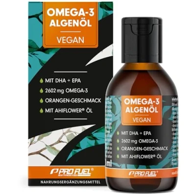 Obrázek omega 3 olej z řas 100 ml vysoká dávka 2297 mg toho 754 DHA a 418 EPA veganský s příjemnou pomerančovou příchutí laboratorně testováno certifikátem zásoba na 40 dní