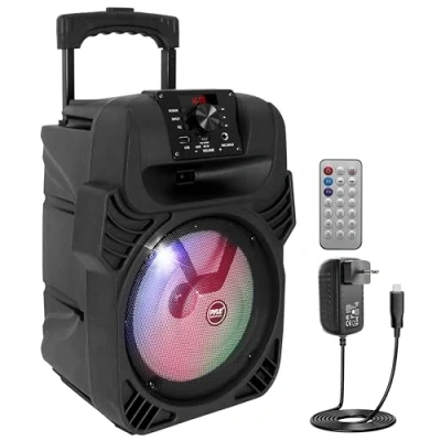Obrázek Pyle PA reproduktor Bluetooth, hudební box, party přístroj na karaoke 400 W, 8&quot; subwoofer, 4 ohmy / 55 20 kHz, USB/MP3/FM rádio 6,35 mm vstupy pro mikrofon, vícebarevná LED světla,