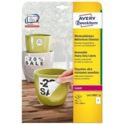 Obrázek AVERY Zweckform L4717REV 20 fólie odolné proti povětrnostním vlivům, znovu odnímatelné (210 x 148 mm na DIN A4, samolepicí, potištěná venkovní lepicí fólie) 40 nálepek listech bílé
