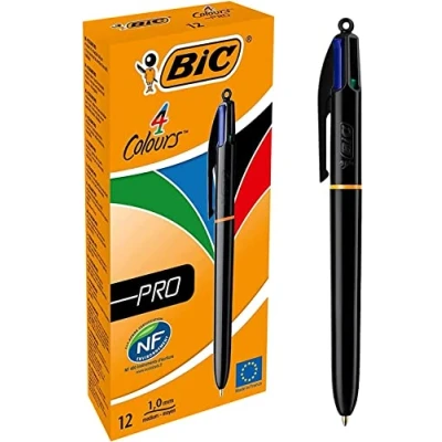 Obrázek BIC Sada 4 barevných propiskových perel, barvy Pro, s černou barvou, balení po 12 kusech, ideální pro kancelář, domácí kancelář nebo do školy