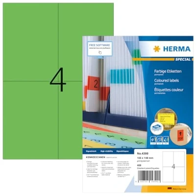 Obrázek HERMA 4399 barevné etikety zelené, 100 listů, 105 x 148 mm, 4 na arch A4, 400 kusů, samolepicí, potisknutelné, matné, prázdné papírové nálepky