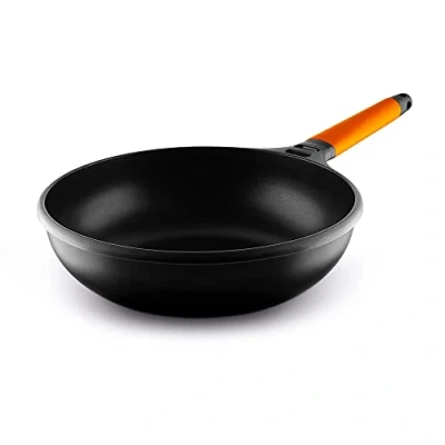 Obrázek FUNDIX Wok z hliníkové litiny, nepřilnavý povrch, indukce, odnímatelná rukojeť, 28 cm, 4 l, oranžová