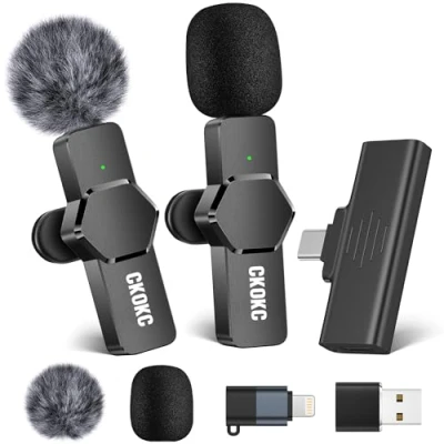 Obrázek CKOKC Bezdrátový mikrofon Lavalier pro iPhone Android kamerový počítač, mini živé streamování, nahrávání videí, rozhovory venku nebo v interiéru, YouTube, TikTok, Vlog