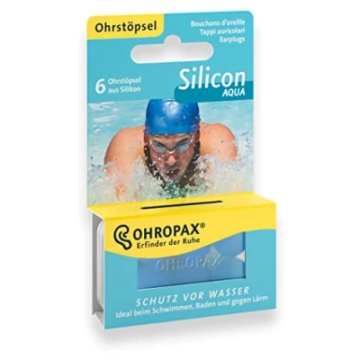 Obrázek Ohropax Zástrčky do uší SILICON AQUA voděodolné ucpávky ze silikonu šetrného k pokožce na ochranu před vodou při plavání 6 kusů