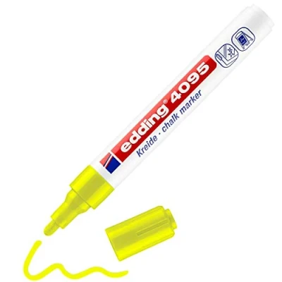 Obrázek edding 4095 křídový popisovač neonově žlutý 1 kulatý hrot 23 mm na tabuli omyvatelný k popisování oken, skla, zrcadla tužka s krycími barvami