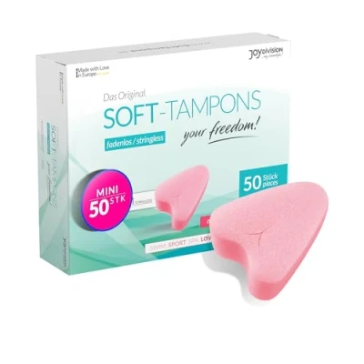 Obrázek JOYDIVISION měkké tampony Mini I 50 kusů bez vláken na sport, plavání a wellness ultra menstruační houby lehké zavádění odstraňování softtampon nití