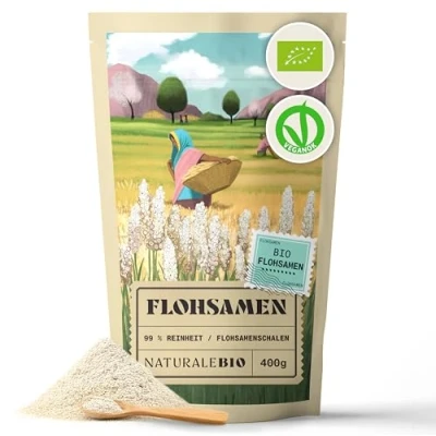 Obrázek Bio slupky psyllium, 99% čistota, 400 g přírodních slupek semen, přírodní, čisté, bohaté na vlákninu, veganské, k rozpuštění ve vodě, nápojích a šťávách, NaturaleBio.