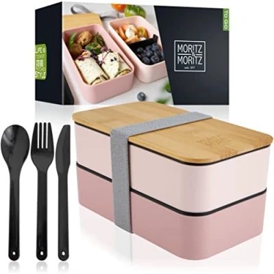 Obrázek Moritz &amp; Bento box pro děti v růžové barvě perfektní krabička na oběd a dospělé svačinu s přihrádkami ideální do práce, školy cesty
