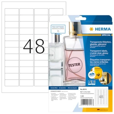 Obrázek HERMA 8016 Fóliové etikety odolné vůči povětrnostním vlivům transparentní, 25 listů, 45,7 x 21,2 mm, 48 na arch A4, 1200 kusů, samolepicí, potištěné, lesklé, prázdné lepicí z fólie, průhledné