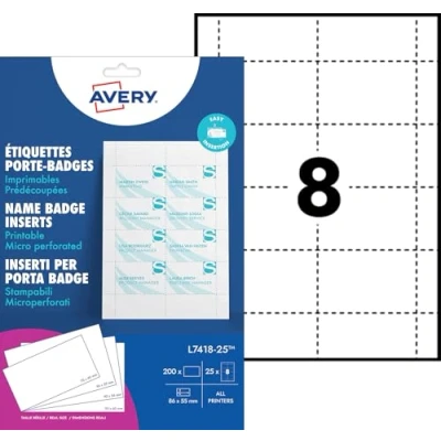 Obrázek Avery L7418 jmenovky (doplňovací sada, 8 na list, Š 86,5 x V 55,5 mm, vhodné pro laserové tiskárny) 25 listů