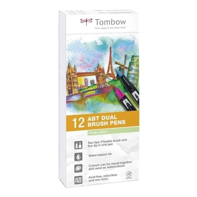 Obrázek 18 Tombow, fixy na textilie (sekundární barvy), dual brush pen, se dvěma špičkami + fuden osuke tvrdý měkký lze použít pro akvarely, bázi vody, netoxické, bez obsahu kyselin a zápachu
