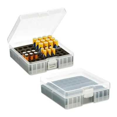 Obrázek Relaxdays Krabice na baterie, sada 2 ks, pro baterie 60 AA a AAA, V x Š H: 5,5 15 15,5 cm, box transparentní/černá