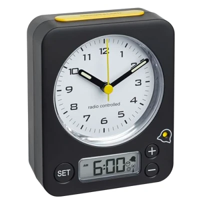Obrázek TFA Dostmann Combo analogový budík, 60.1511.01.07, s rádiovými hodinami, digitálním nastavením alarmu, tichá tlačítka, černo žlutá, D 90 x Š 40 V 115 mm