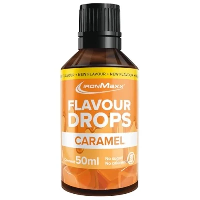 Obrázek IronMaxx Karamel Flavour Drops 50 ml bez kalorií a cukru veganské aromatické kapky k slazení potravin praktické kapátko