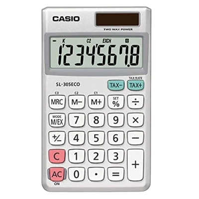 Obrázek CASIO Kapesní kalkulačka SL 305ECO, 8místná, ekologická, výpočet daně, hliníková přední strana, solární/provoz na baterie