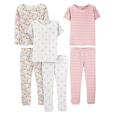 Obrázek Simple Joys by Carter&#039;s Mädchen 6 Piece Snug Fit Cotton Pajama Set Pyjamaset, Grau Punkte/Rosa Streifen/Weiß Streublumen, 3 Jahre (3er Pack)