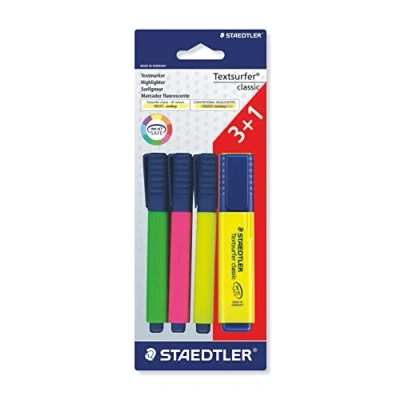 Obrázek STAEDTLER Zvýrazňovač Textsurfer classic, vysoká kvalita, s velkou inkoustovou pamětí pro extra dlouhý výkon značení, promotion 3 + 1 zdarma, blistrová karta se 4 zvýrazňovači, 364 A BK4D