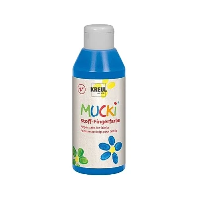 Obrázek KREUL 28404 zářivá látka Mucki barva na prsty, 250 ml v modré barvě, bázi vody, bez parabenů, lepku, laktózy a veganská, optimální pro použití prsty rukama