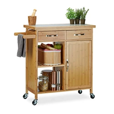Obrázek Relaxdays Dřevěný kuchyňský vozík, bambus, 4 kolečka, pracovní deska z mramoru, se zásuvkami, v x š h: 85,5 89,5 36 cm, přírodní