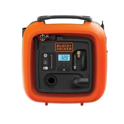 Obrázek Black+Decker 11. 0 Bar/12V kompresor/ vzduchová pumpa, 160 PSI, pro pneumatiky, míče, invalidní vozíky, Etc., se 2 provozními režimy a režimem odčerpávání, ASI400, 12 V