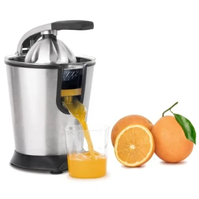 Obrázek H.Koenig Elektrický lis na citrusy AGR80 bez BPA, pomerančová, citronová, grapefruitová šťáva, rychlý, automatický, tichý, výkonný, 160 W, zastavení kapání, vhodný do myčky nádobí, stříbrný, W