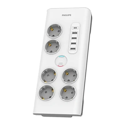 Obrázek Philips SPN7060WA/10 zásuvková lišta s 6 zásuvkami ochranným kontaktem, 4 porty USB 35 W a 1 typ C, napájecí blok, pletený kabel 2 metry vysoká pevnost, bezpečnostní uzávěr (Prot LED indikátor),