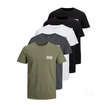 Obrázek JACK &amp; JONES Pánská trička Logo Tee Crew Neck balení 3 ks, 5 ks v (2x černá, zelená, šedá, bílá), XL