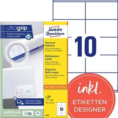 Obrázek AVERY Zweckform 3425 nálepky na adresu (1 000 lepicích etiket, 105 x 57 mm A4, papír matný, individuálně potiskovatelné etikety odesílatele, samolepicí adresní štítky s ultragrip) 100 listů, bílá