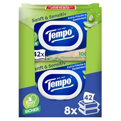 Obrázek Tempo Vlhké ubrousky na toaletu &quot;Soft &amp; Sensitiv&quot; mega balení 16 po 42 ubrouskech Duo Pack přírodní Aloe Vera toaletní papír, dermatologicky testováno, pH neutrální