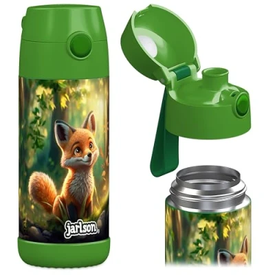 Obrázek JARLSON® dětská láhev &quot;MALI&quot; termoska z ušlechtilé oceli bez BPA zabezpečená proti vytečení s víkem Chug do školy, školky liška, 350 ml