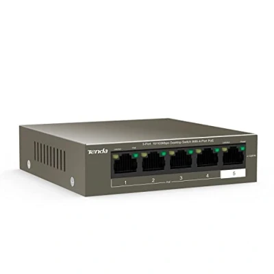 Obrázek Tenda 5 portů Fast Ethernet PoE Switch se 4 porty PoE+ &amp; 1 Uplink port (58 W, IEEE 802.3af/at, 250 metrů, Plug Play, kovový kryt) (TEF1105P 63W)